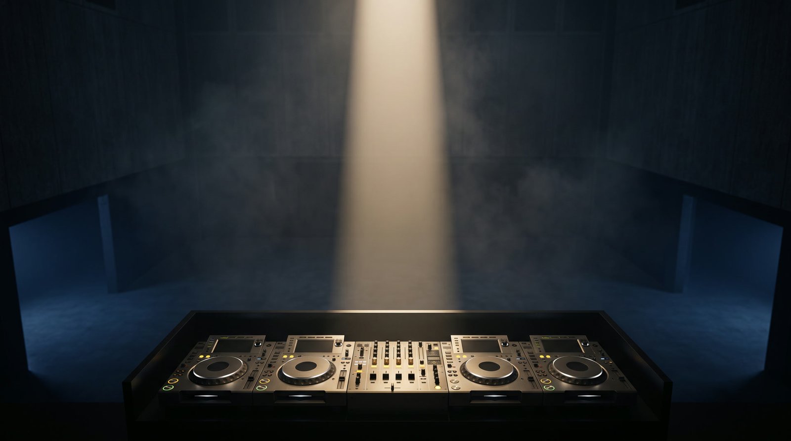 Karanlık bir mekânda ışıkla aydınlatılmış DJ kabini
